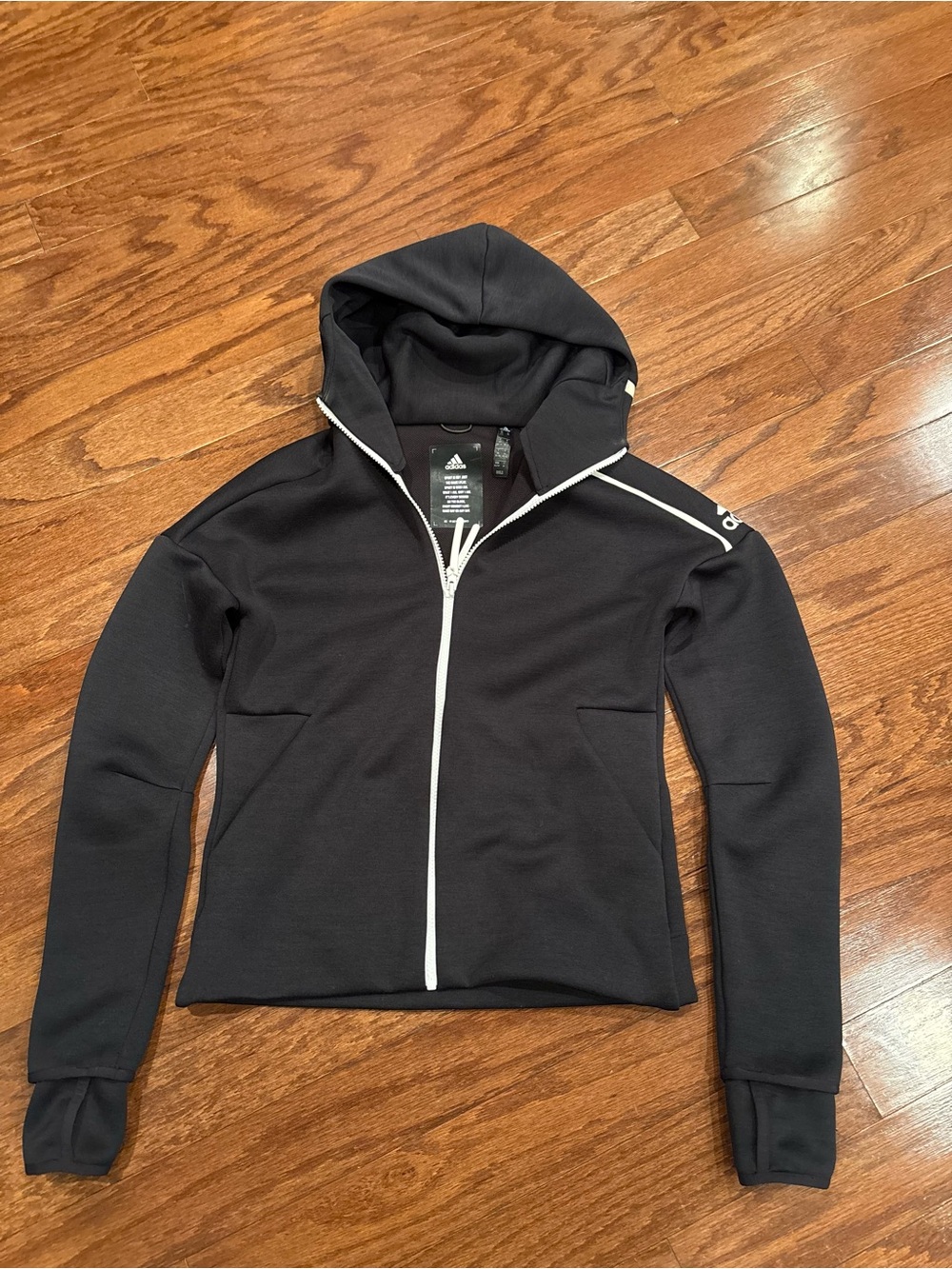 adidas Black Hooded Bomber Jacket with White Trim